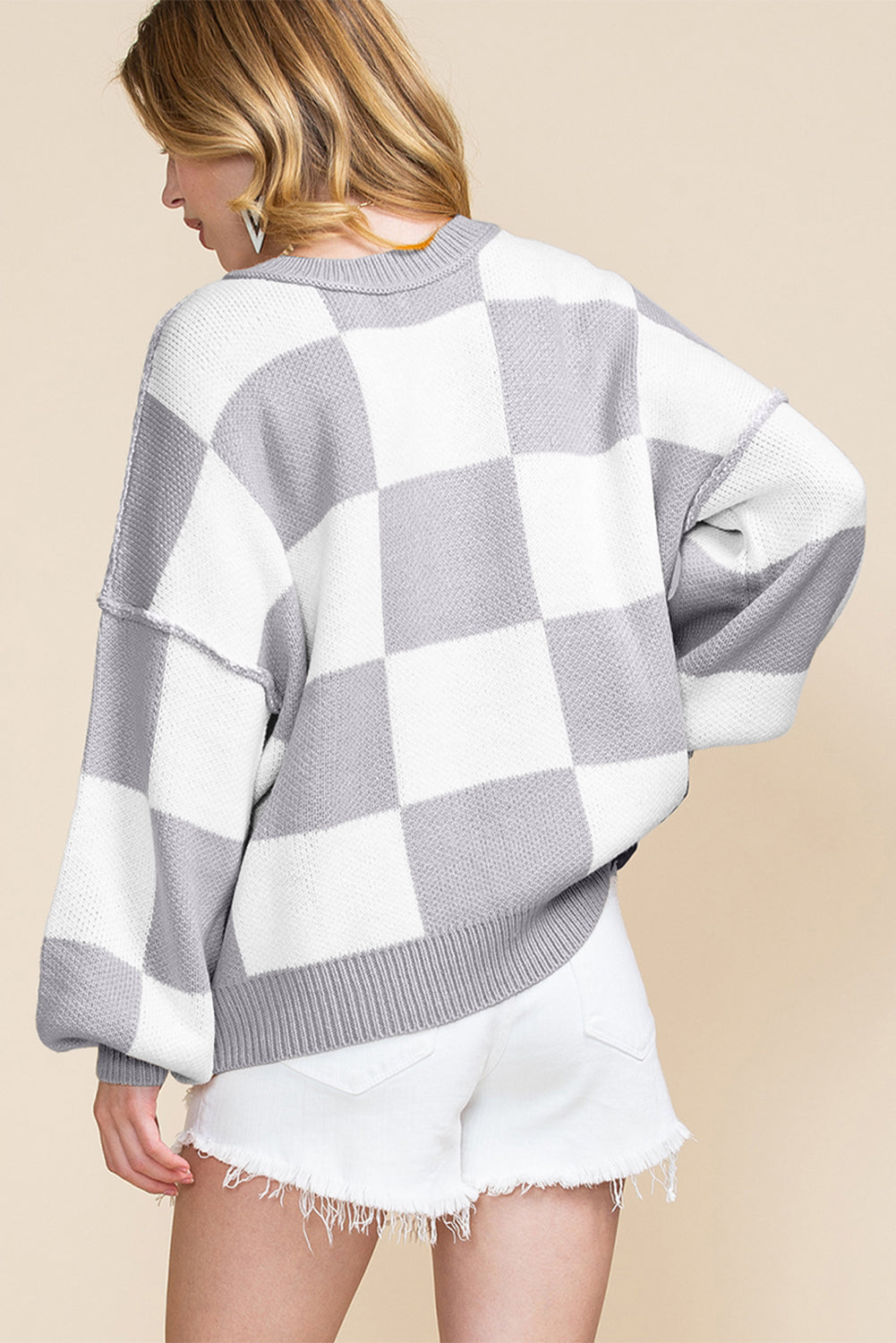 Green Checkered Bishop Sleeve Pullover Sweater