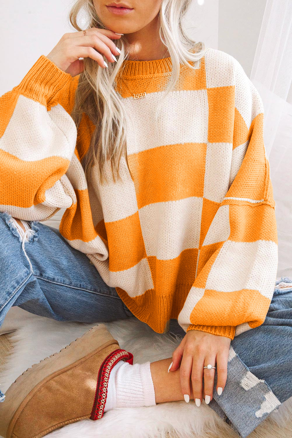 Green Checkered Bishop Sleeve Pullover Sweater