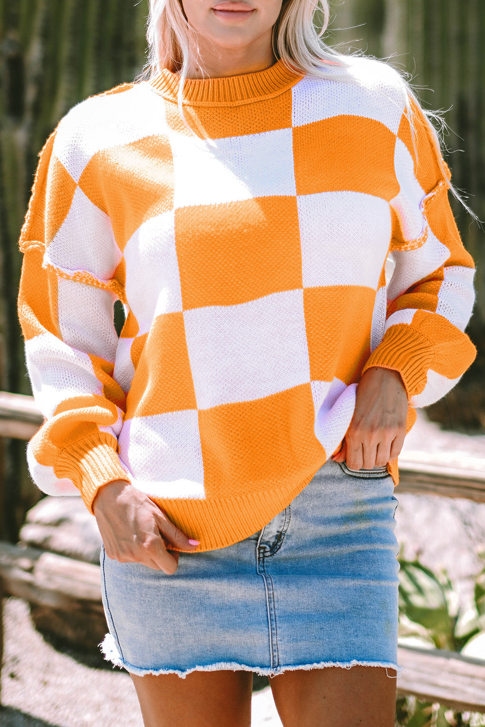 Green Checkered Bishop Sleeve Pullover Sweater