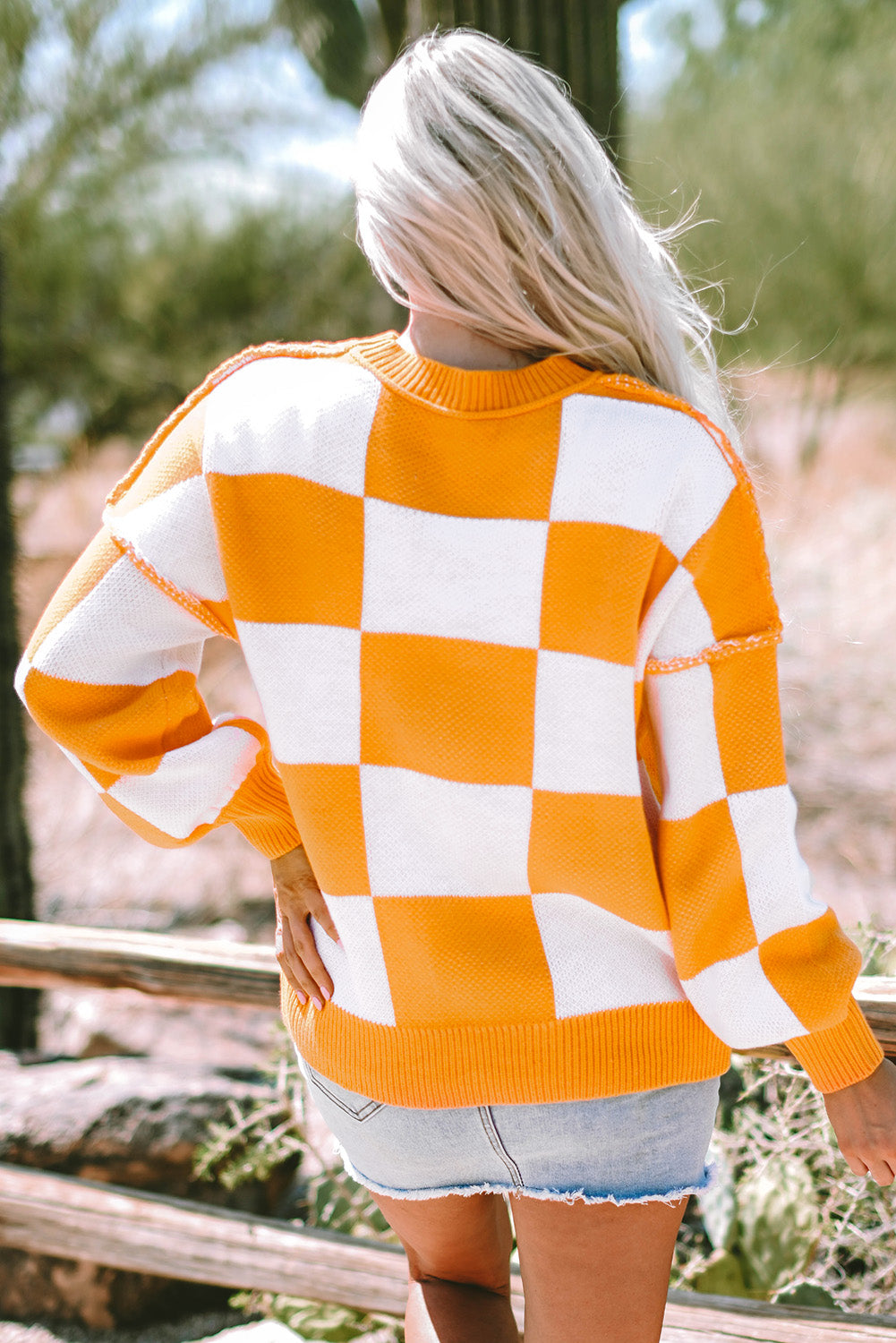 Green Checkered Bishop Sleeve Pullover Sweater