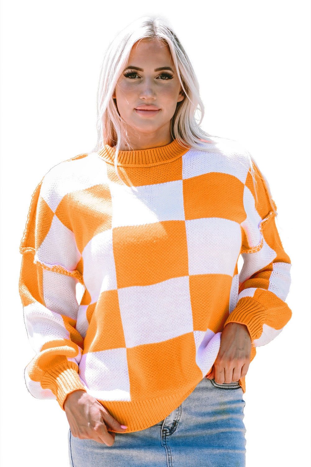 Green Checkered Bishop Sleeve Pullover Sweater