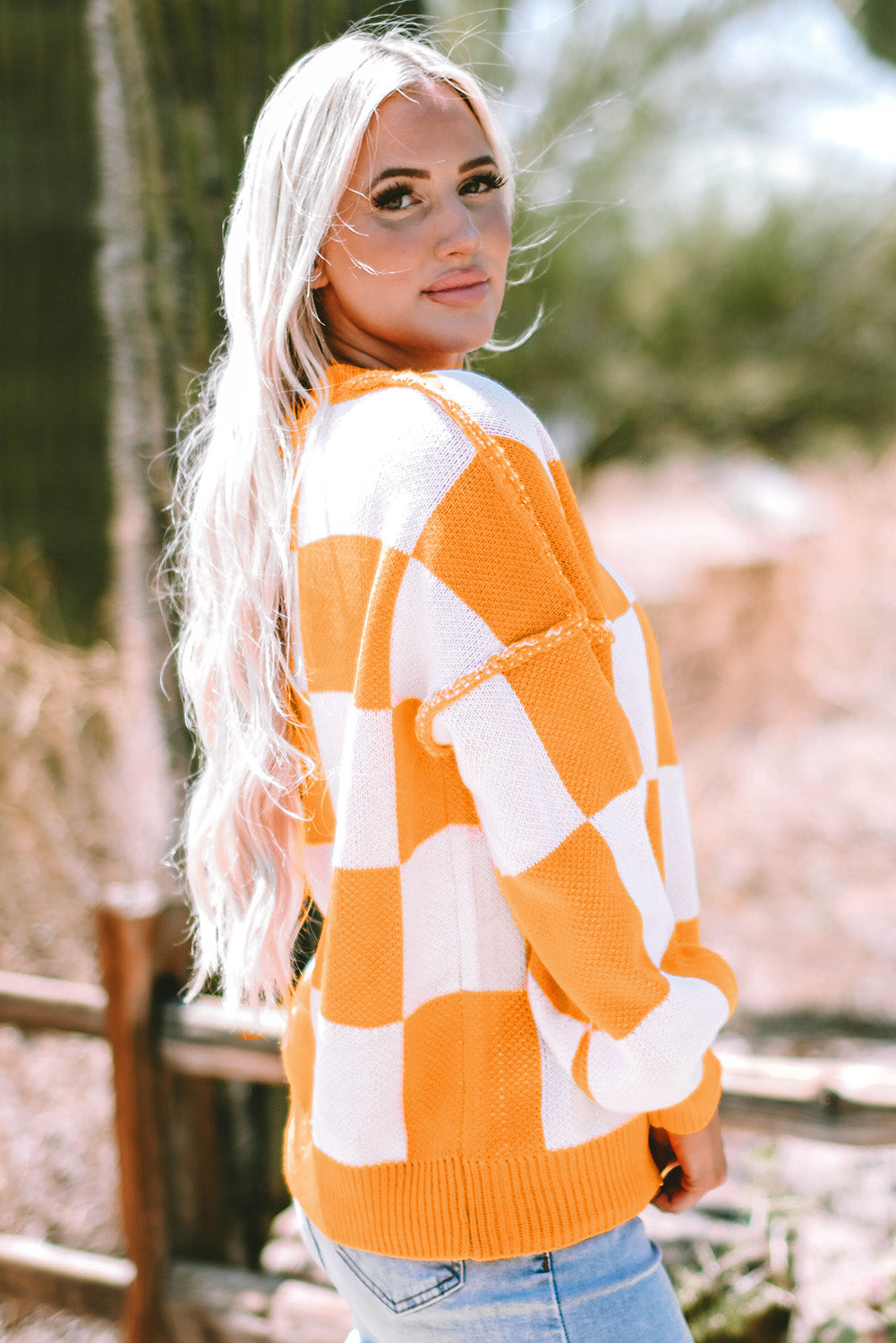 Green Checkered Bishop Sleeve Pullover Sweater