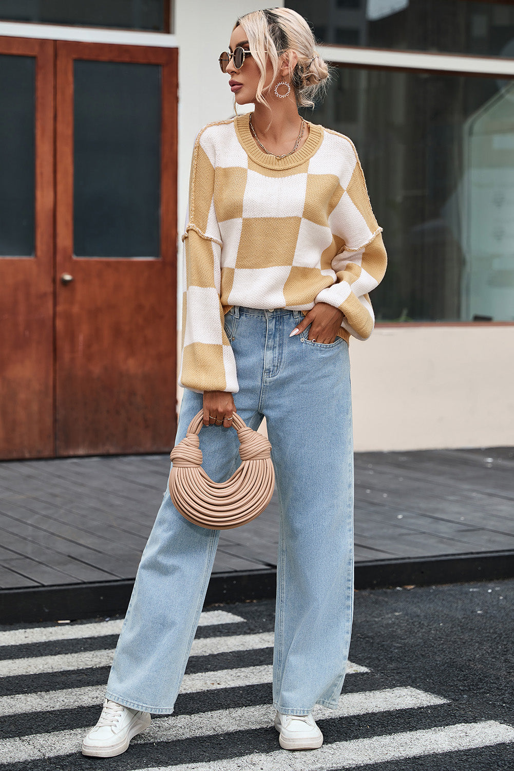 Green Checkered Bishop Sleeve Pullover Sweater