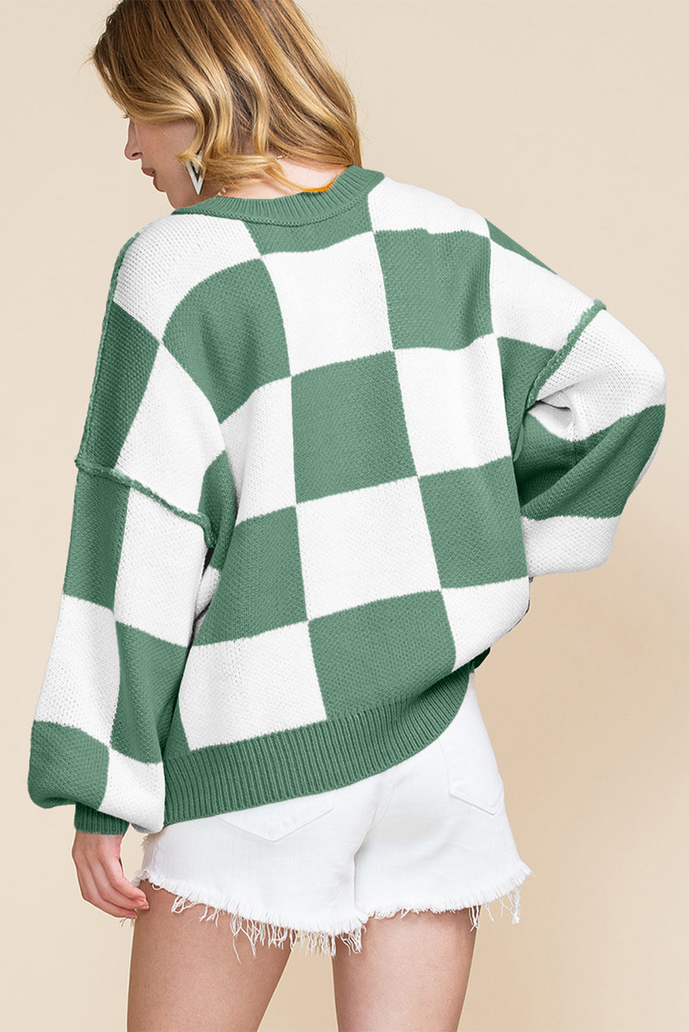 Green Checkered Bishop Sleeve Pullover Sweater
