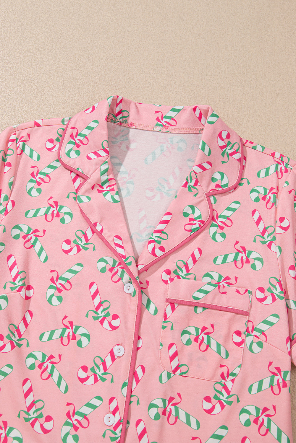 Green Christmas Candy Cane Print Ruffle Hem Pajama Set