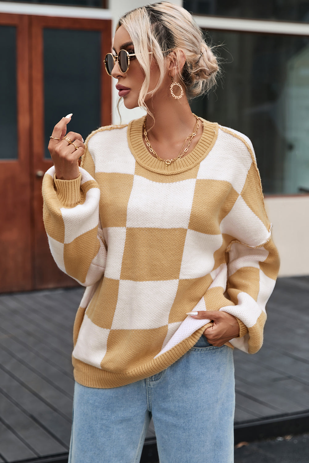 Green Checkered Bishop Sleeve Pullover Sweater
