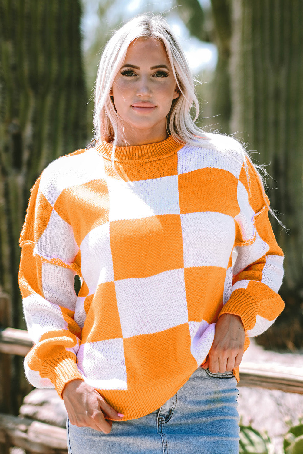 Green Checkered Bishop Sleeve Pullover Sweater