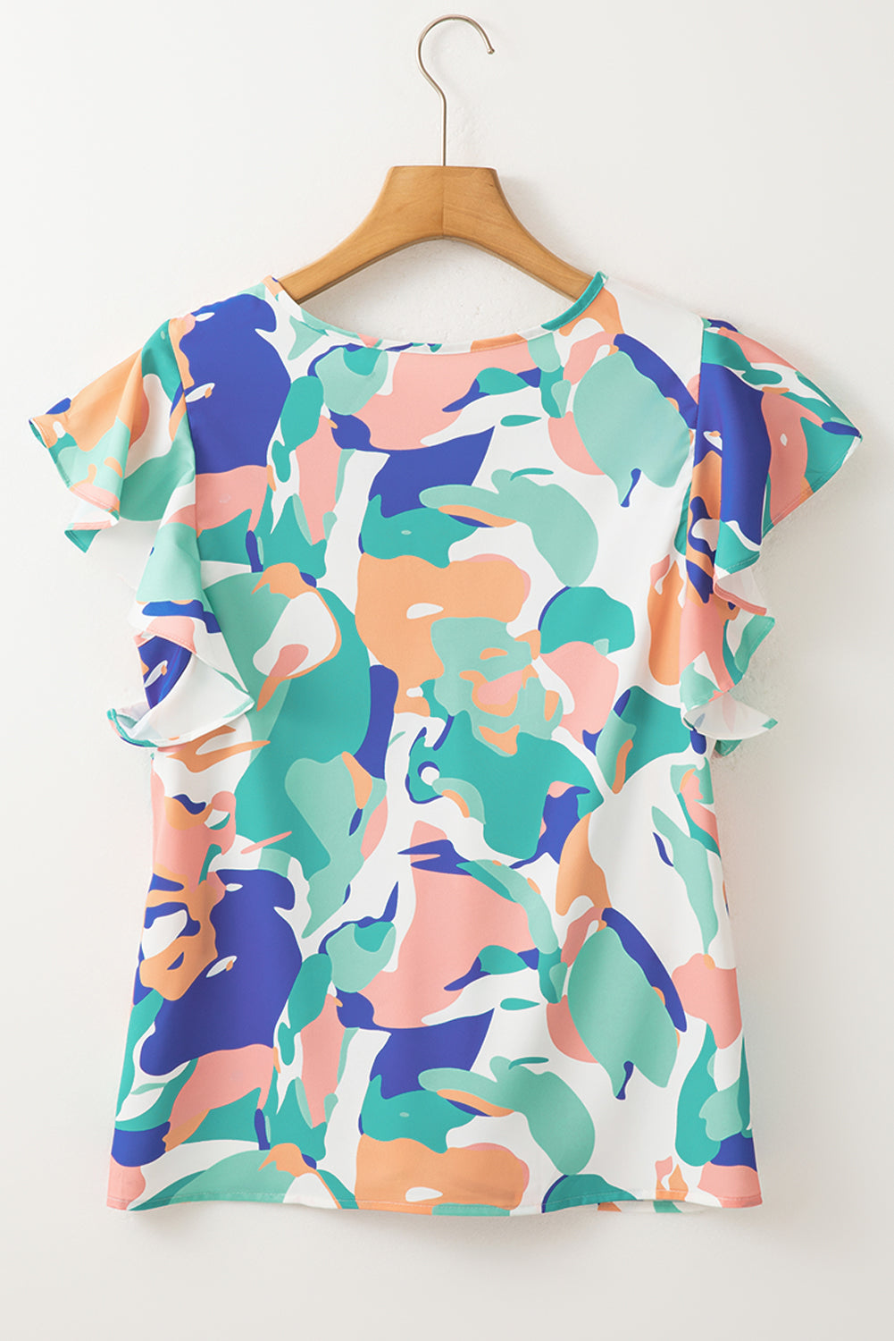 Multicolour Abstract Print Smocked Notched Neck Ruffle Blouse