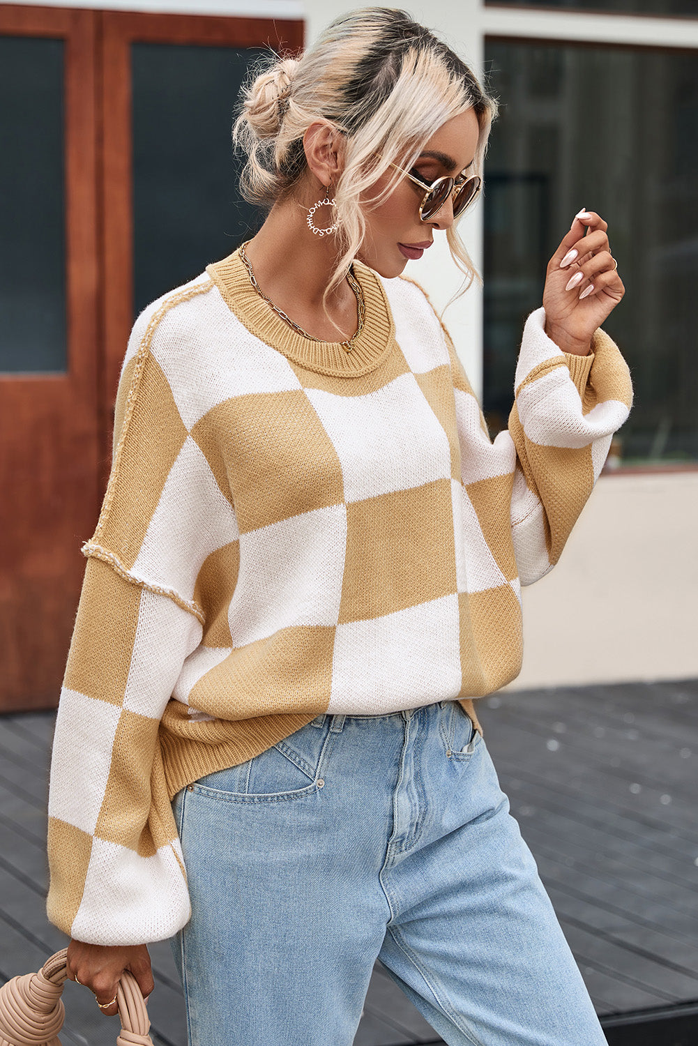 Green Checkered Bishop Sleeve Pullover Sweater