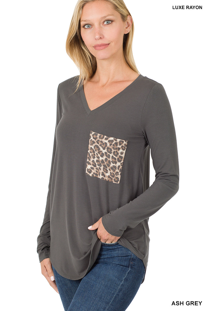 Zenana Long Sleeve Leopard Pocket Top