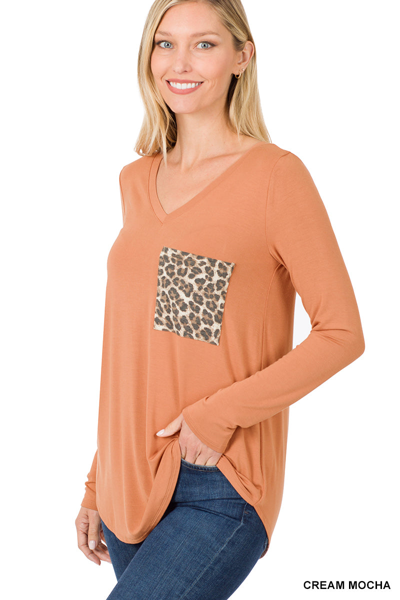 Zenana Long Sleeve Leopard Pocket Top