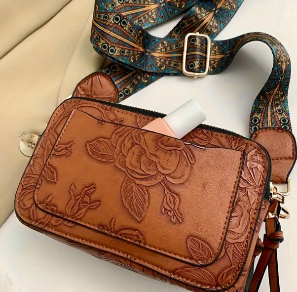 Western Tooled Floral Crossbody in Brown