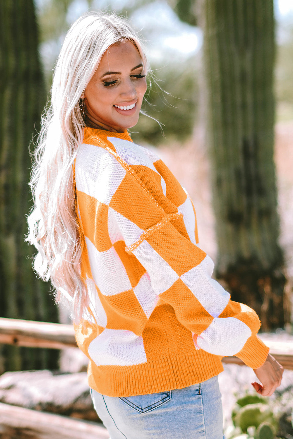 Green Checkered Bishop Sleeve Pullover Sweater