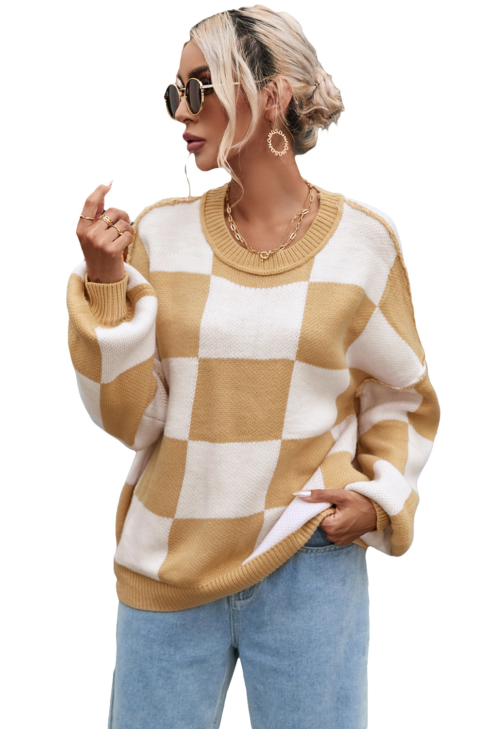 Green Checkered Bishop Sleeve Pullover Sweater