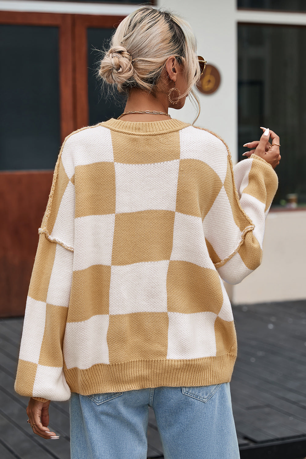 Green Checkered Bishop Sleeve Pullover Sweater