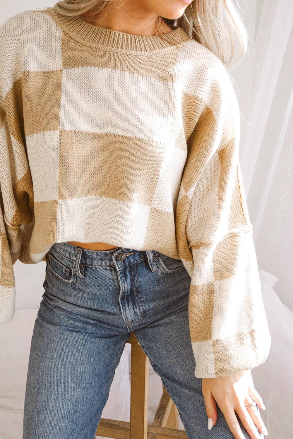 Green Checkered Bishop Sleeve Pullover Sweater