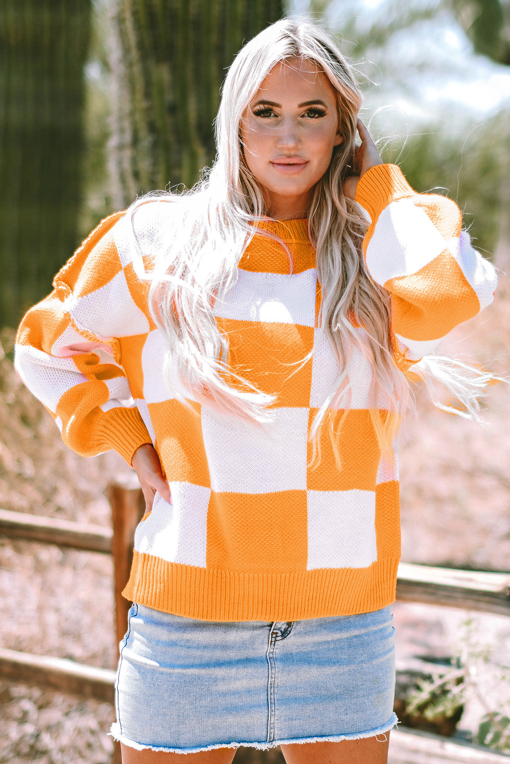 Green Checkered Bishop Sleeve Pullover Sweater