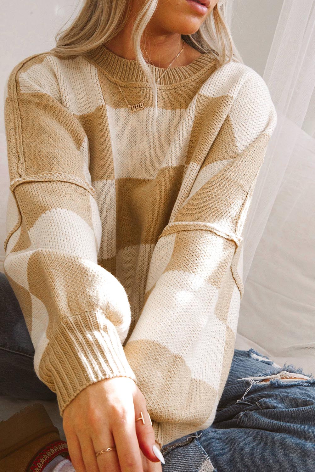 Green Checkered Bishop Sleeve Pullover Sweater