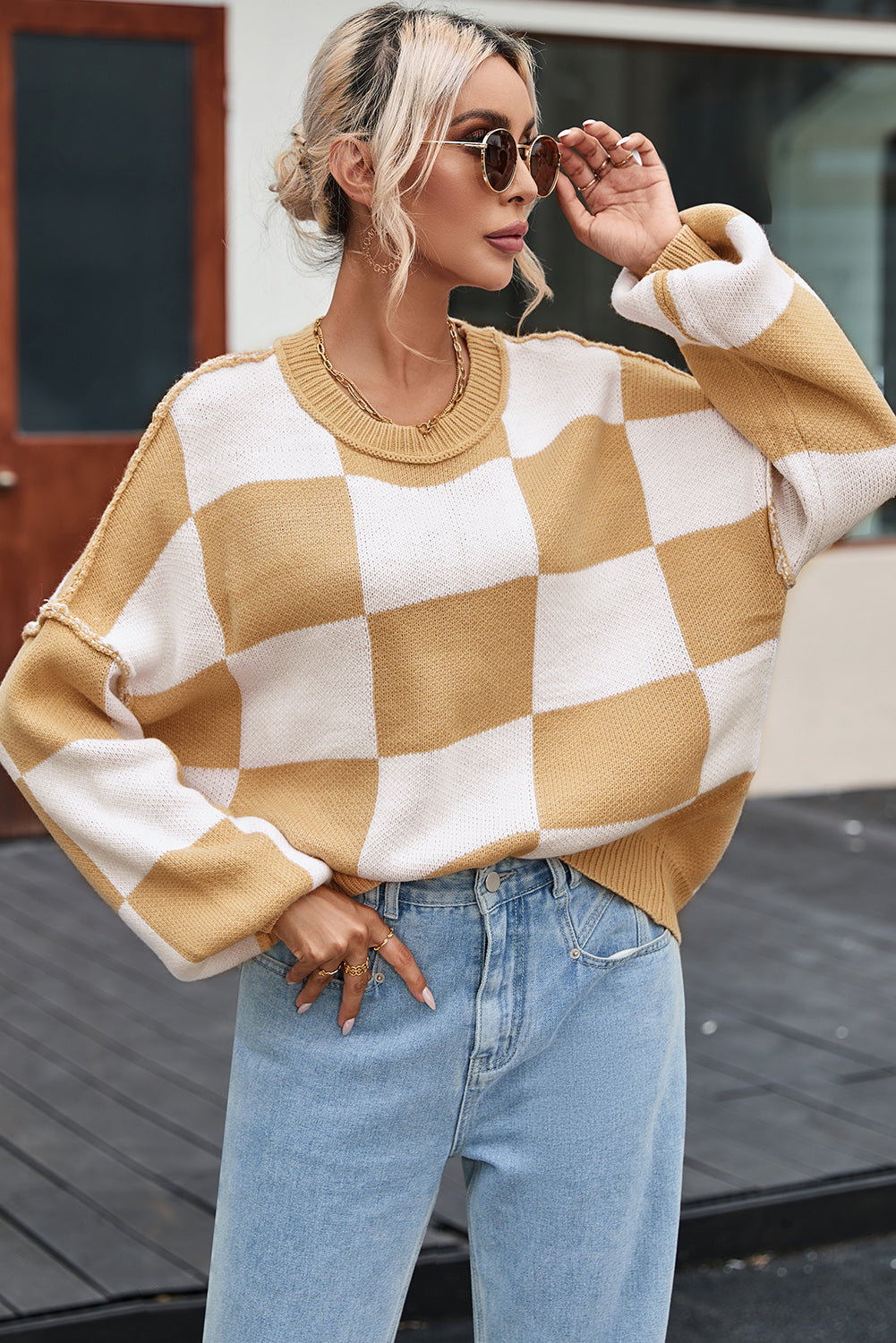 Green Checkered Bishop Sleeve Pullover Sweater