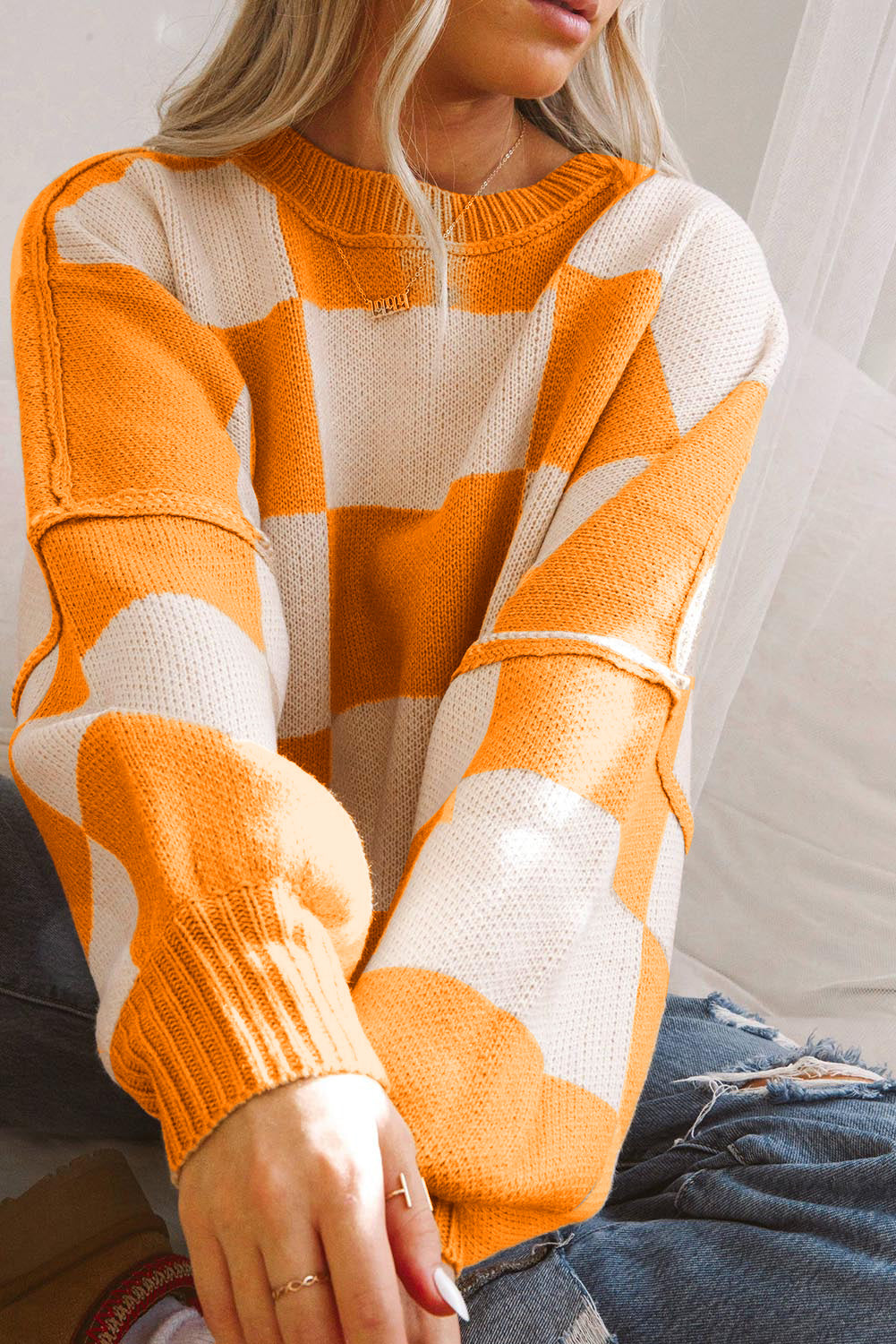 Green Checkered Bishop Sleeve Pullover Sweater