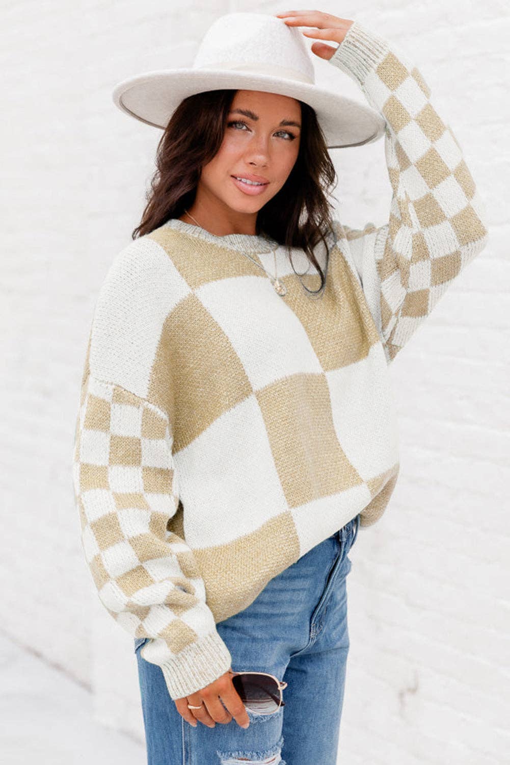 Checkered Print Drop Shoulder Sweater