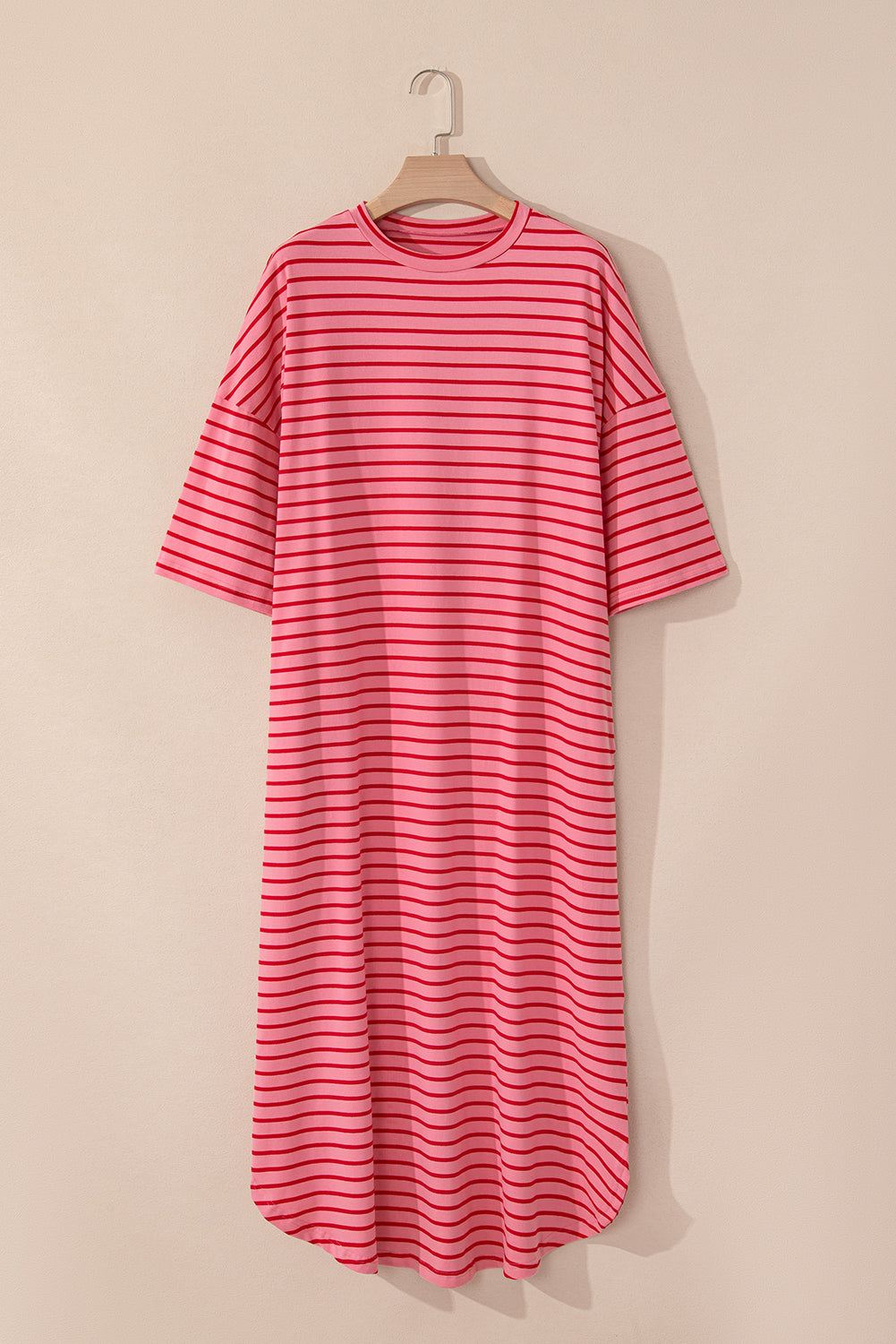 Strawberry Pink Striped Drop Sleeve Loose Dress