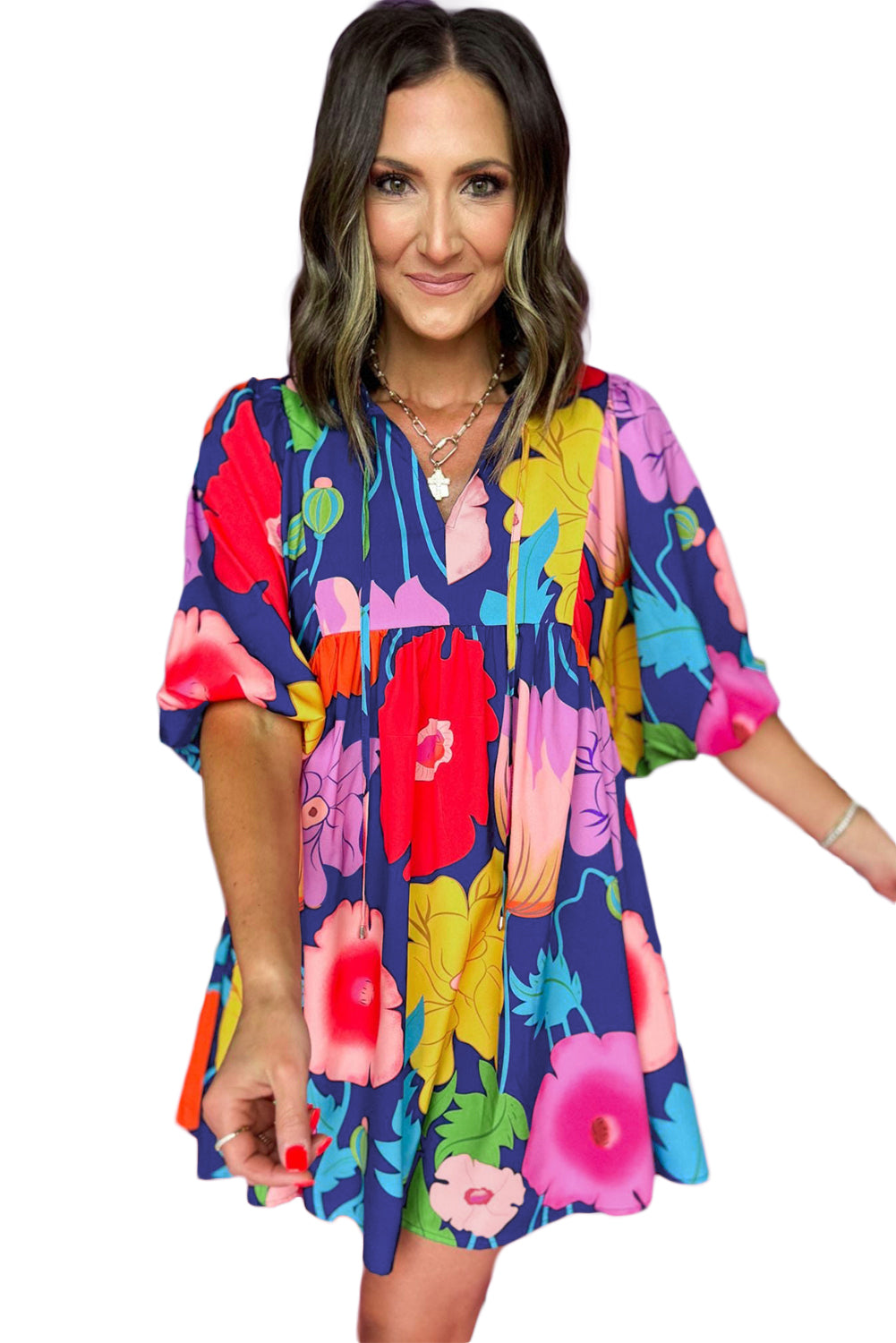 White Puff Sleeve Tied Split Neck Colorful Floral Flowy Dress