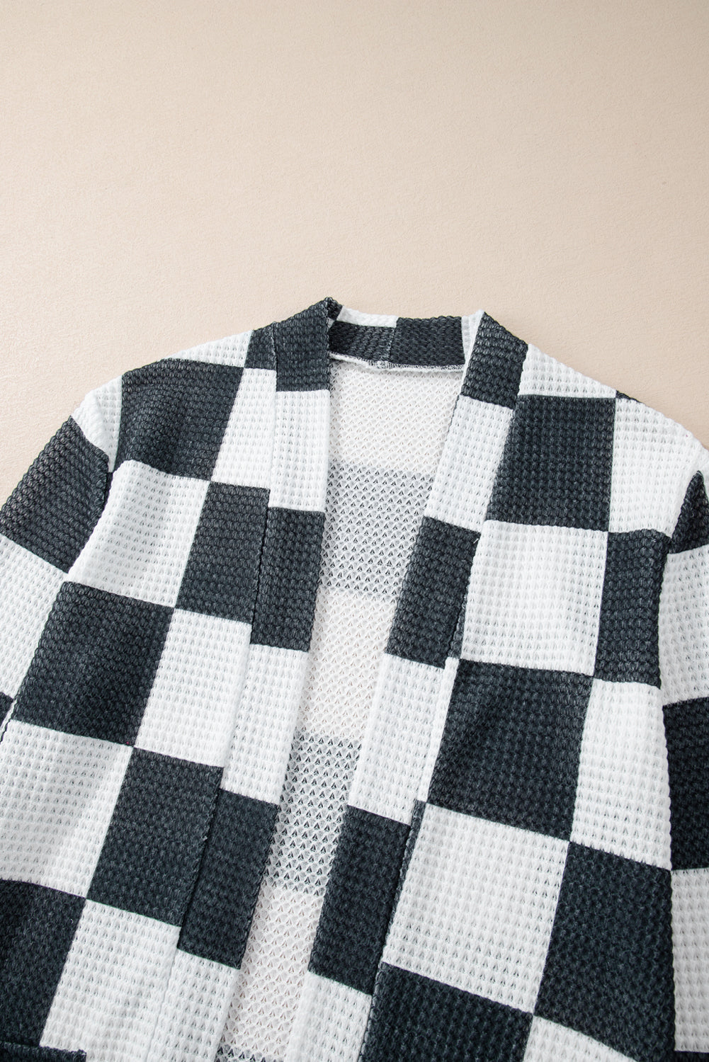 Black Checkered Waffle Knit Thumbhole Long Sleeve Cardigan