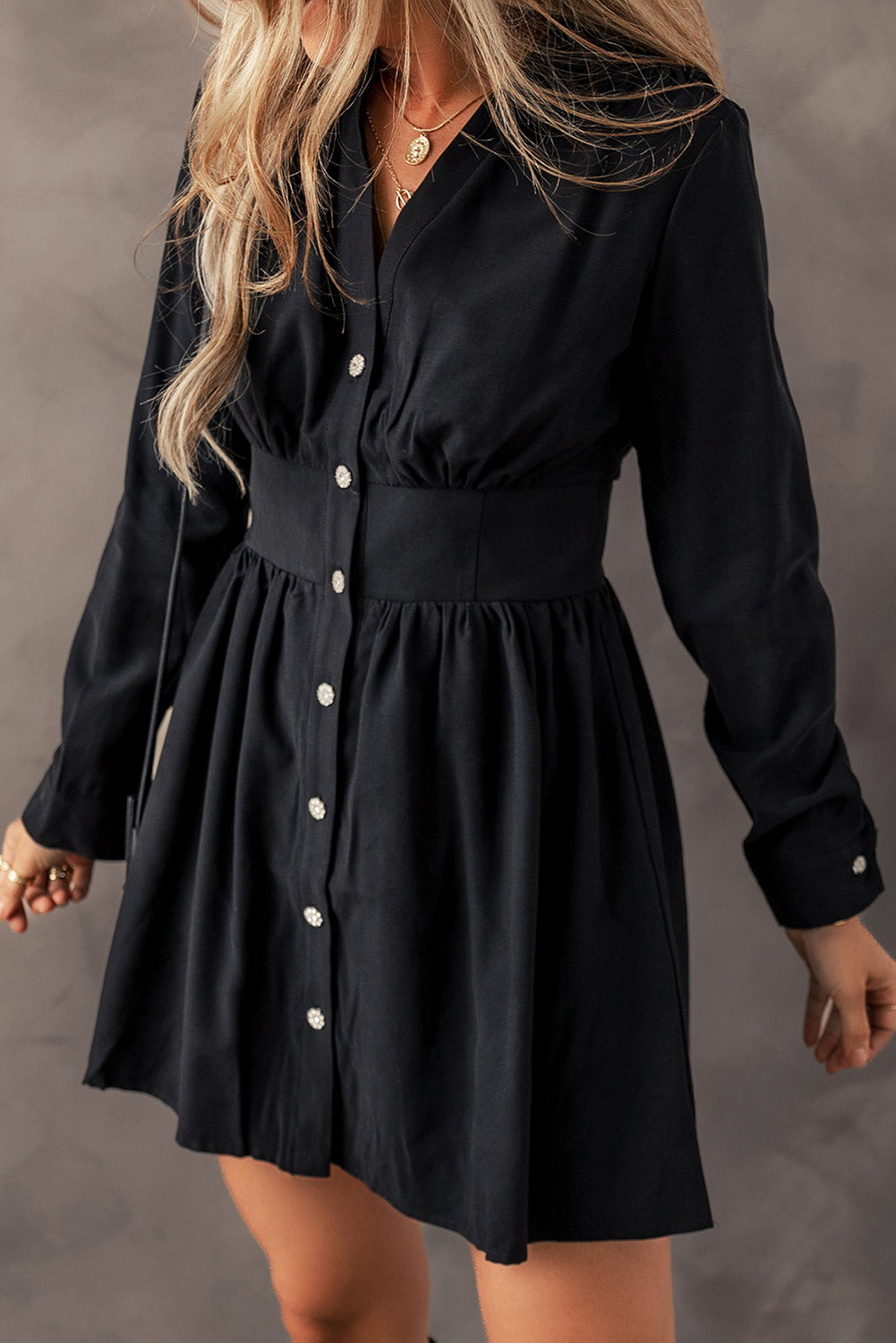 Julie Black Button-Up HW Long Sleeve Mini Dress