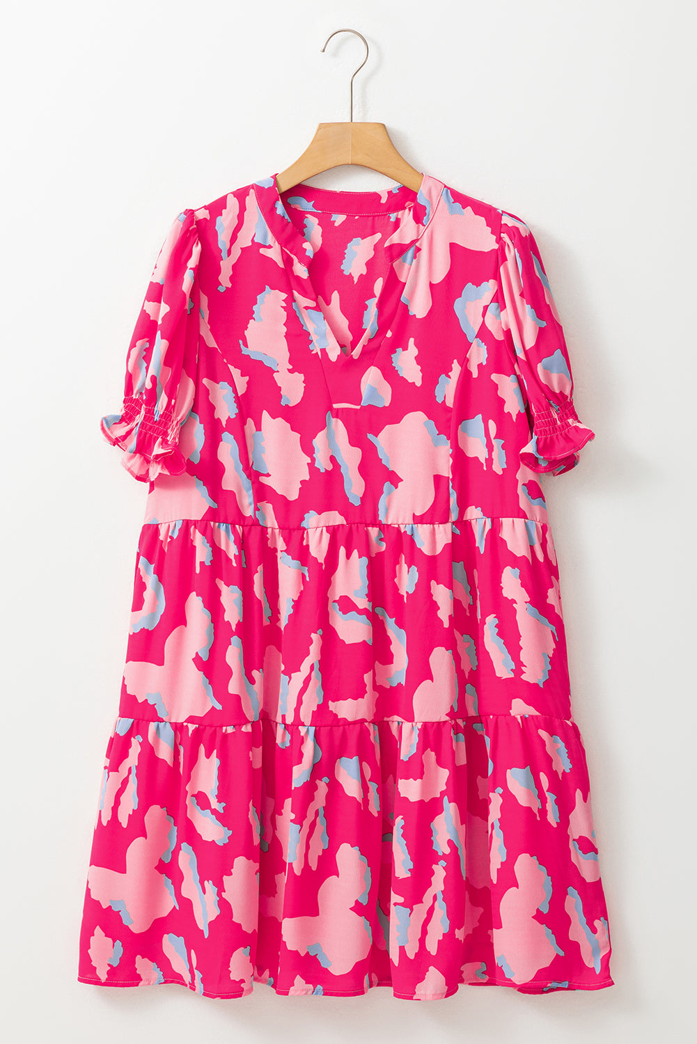 Pink Abstract Print V Neck Smocked Sleeve Mini Dress