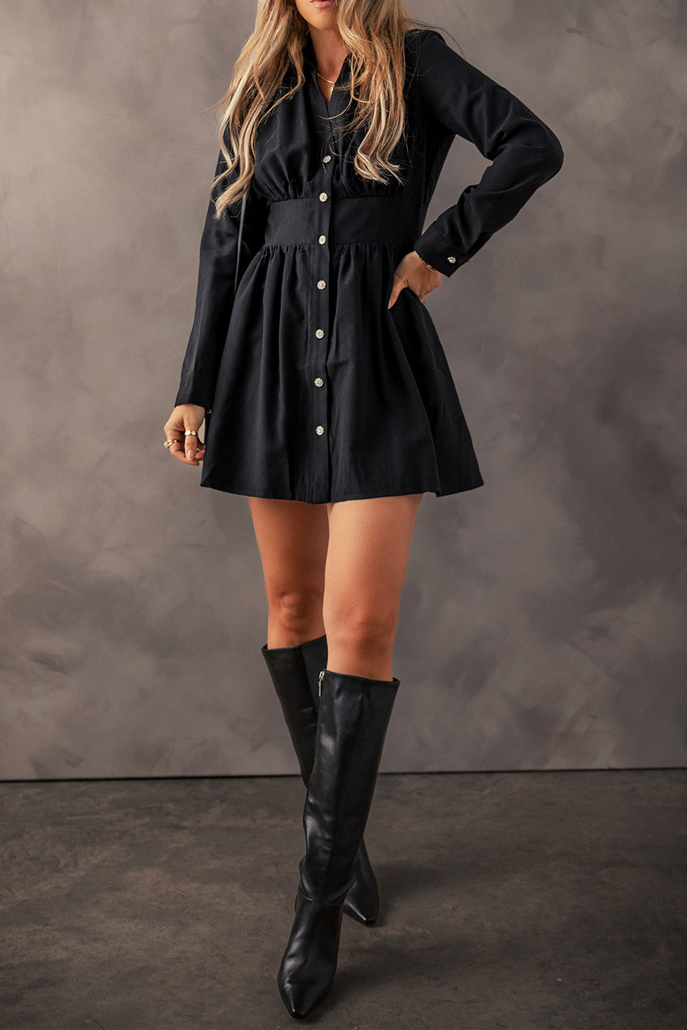 Julie Black Button-Up HW Long Sleeve Mini Dress