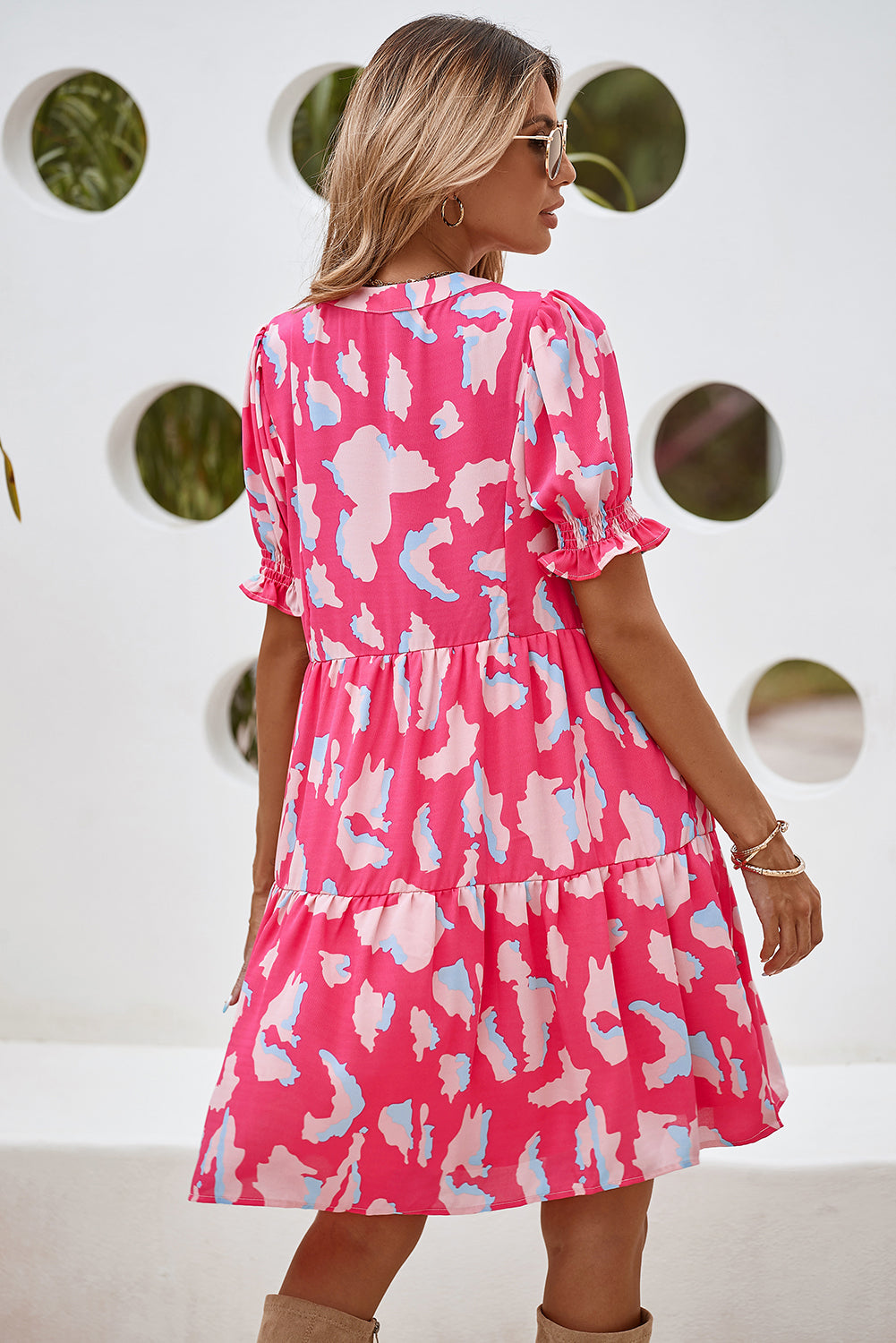 Pink Abstract Print V Neck Smocked Sleeve Mini Dress