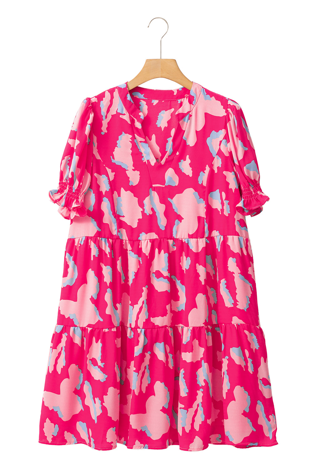 Pink Abstract Print V Neck Smocked Sleeve Mini Dress