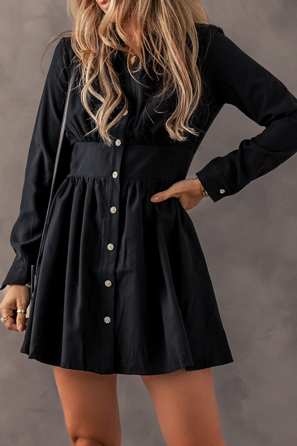 Julie Black Button-Up HW Long Sleeve Mini Dress