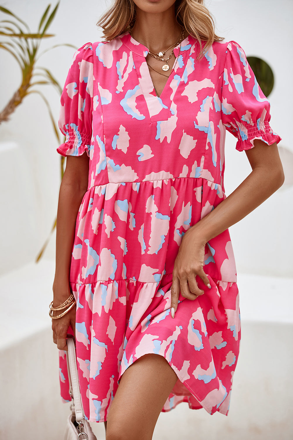 Pink Abstract Print V Neck Smocked Sleeve Mini Dress