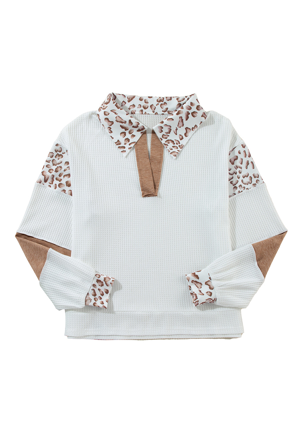 White Leopard Patchwork Turn-down Collar Waffle Top