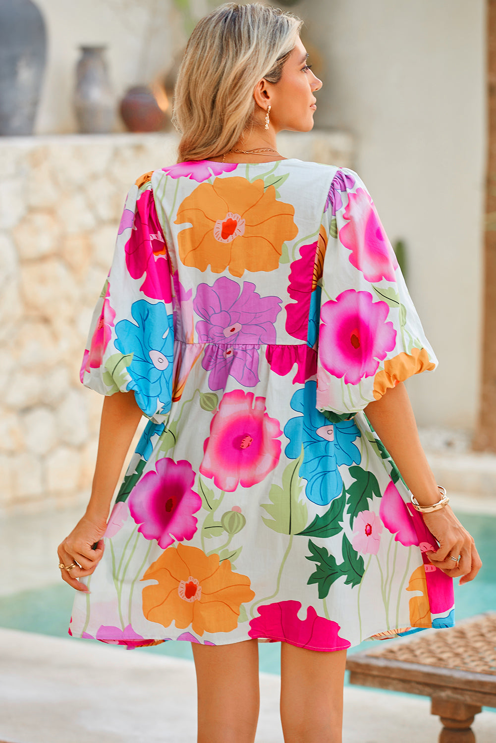 White Puff Sleeve Tied Split Neck Colorful Floral Flowy Dress