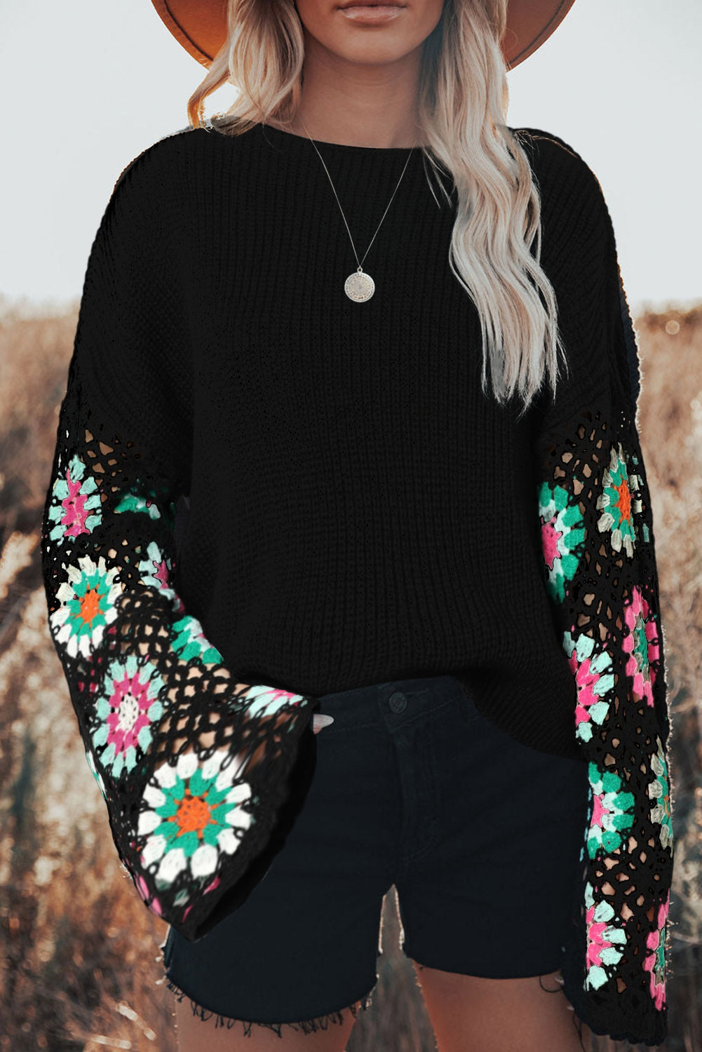 Black Floral Crochet Bell Sleeve Loose Knit Sweater