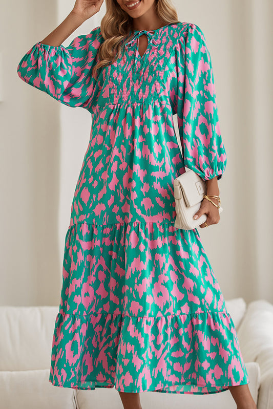 Green Abstract Print Puff Sleeve Smocked V Neck Maxi Dress