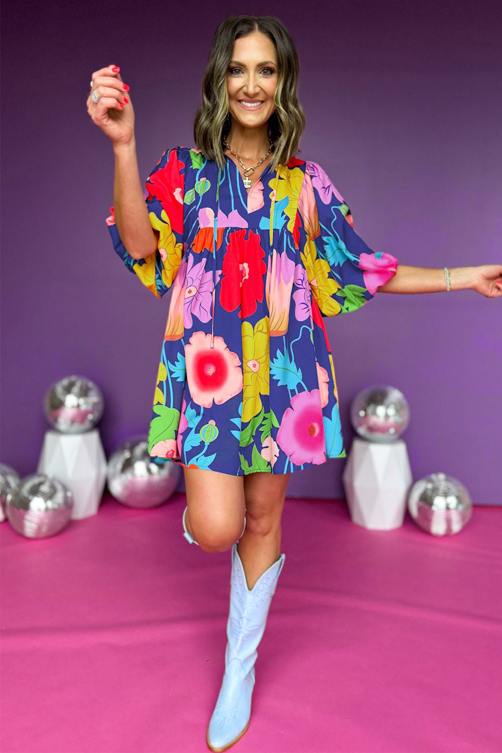 White Puff Sleeve Tied Split Neck Colorful Floral Flowy Dress