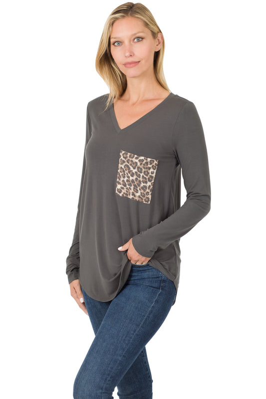 Zenana Long Sleeve Leopard Pocket Top