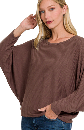 Zenana Ribbed Batwing Boat Neck Sweater