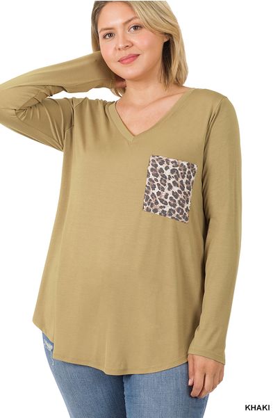 Zenana Curvy Plus Long Sleeve Leopard Pocket Top