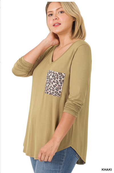 Zenana Curvy Plus Long Sleeve Leopard Pocket Top