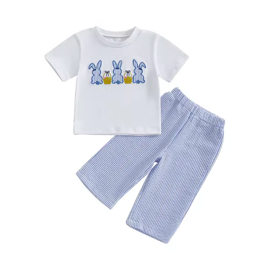 Blue Plaid Embroidered Bunny Pant Set