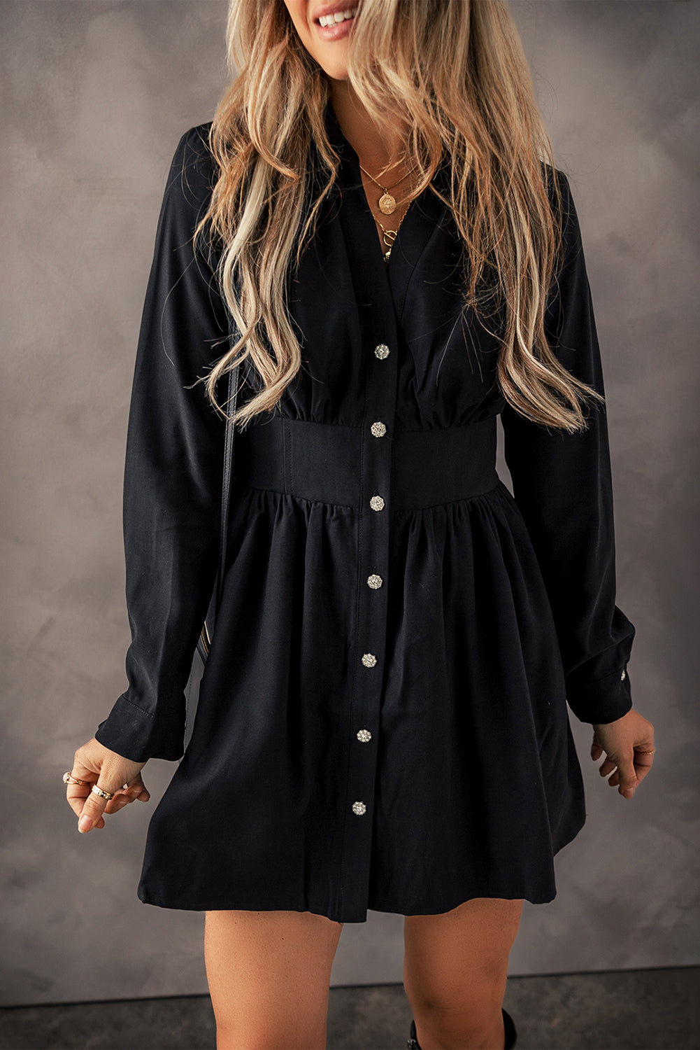 Julie Black Button-Up HW Long Sleeve Mini Dress