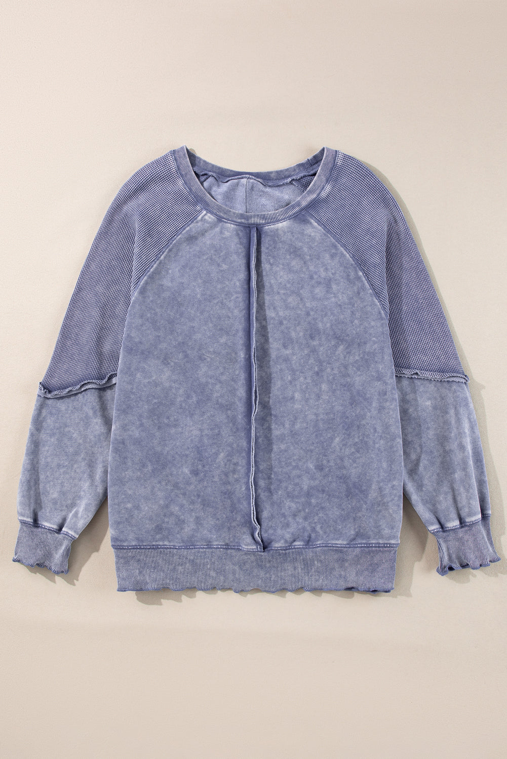 Sail Blue Waffle Knit Patchwork Raglan Sleeve Sweatshirt