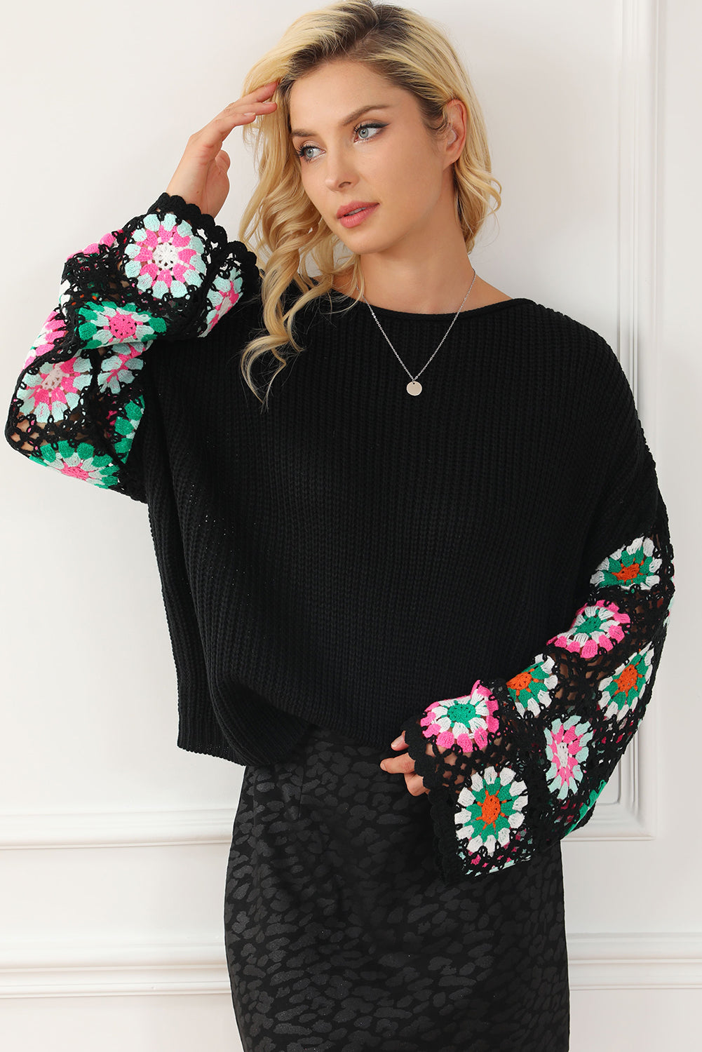 Black Floral Crochet Bell Sleeve Loose Knit Sweater