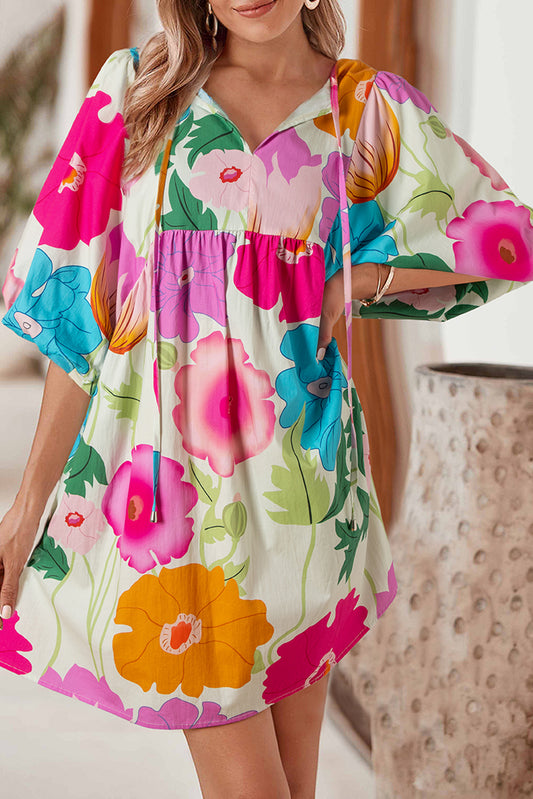 White Puff Sleeve Tied Split Neck Colorful Floral Flowy Dress