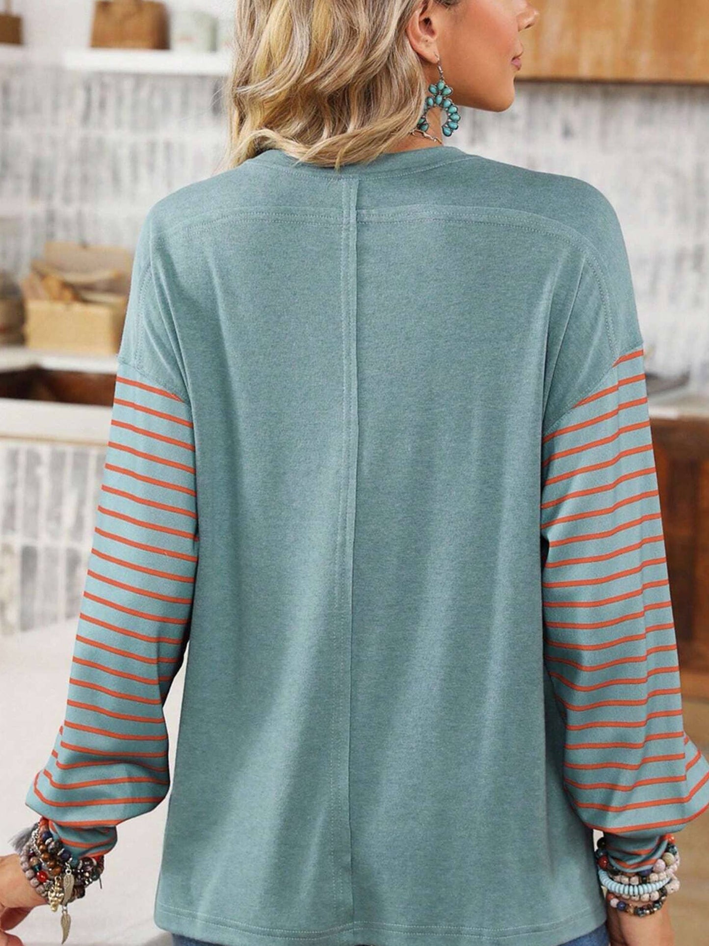 Round Neck Casual Striped Contrast Long Sleeved T-shirt